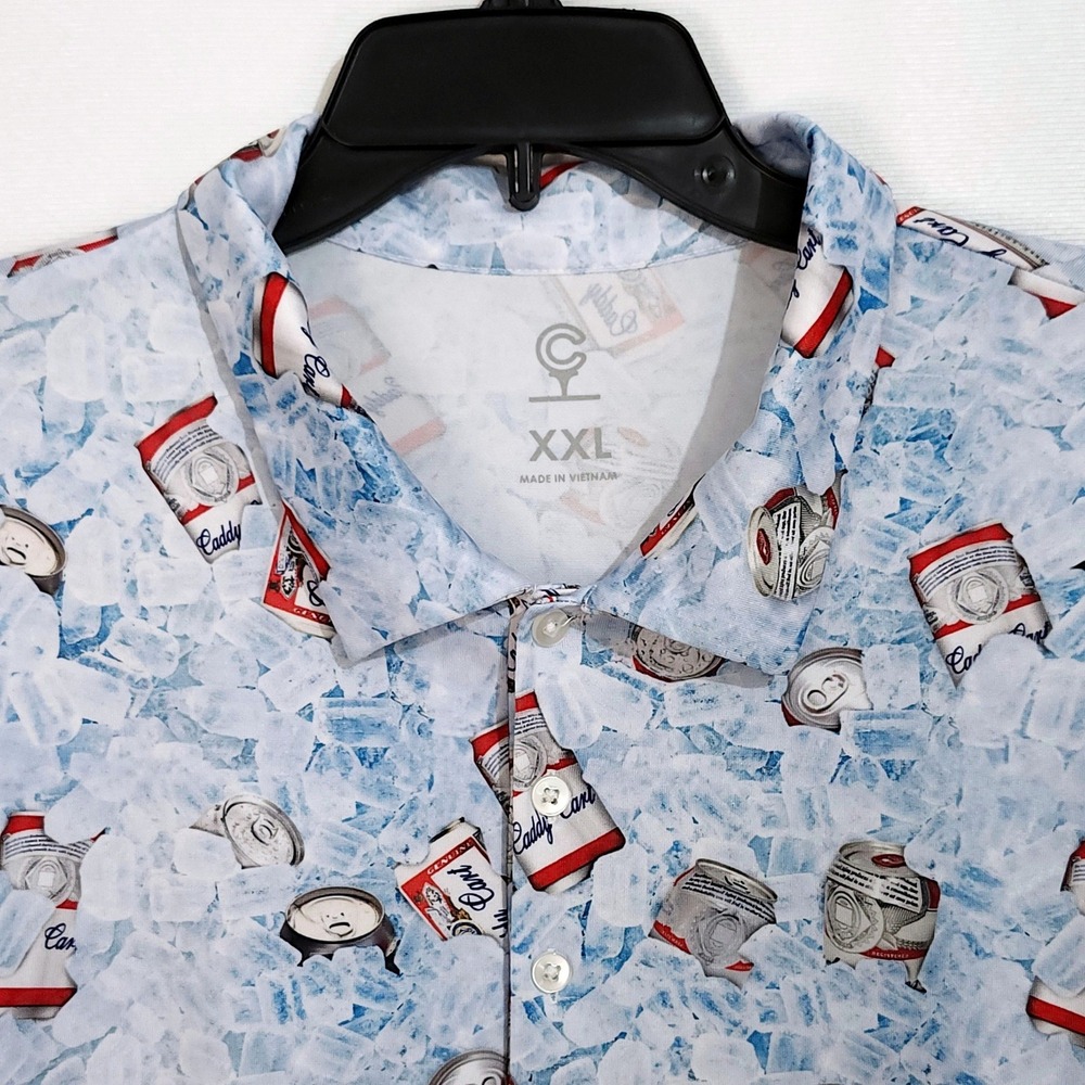 Caddy Cart Golf Polo Shirt Mens XXL Beer Cans On Ice All Over Novelty Print - Picture 3 of 7